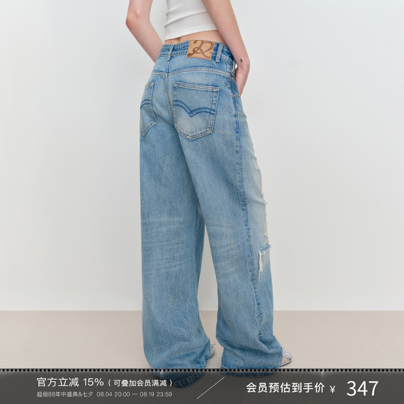 Escape from Chigang West: Retro Light Blue Low-Waisted Ripped Jeans for Women, Summer Thin Style, Diagonal Placket, Wide-Leg Straight Pants Escape from Chigang West: Retro Light Blue Low-Waisted Ripped Jeans for Women, Summer Thin Style, Diagonal Placket, Wide-Leg Straight Pants