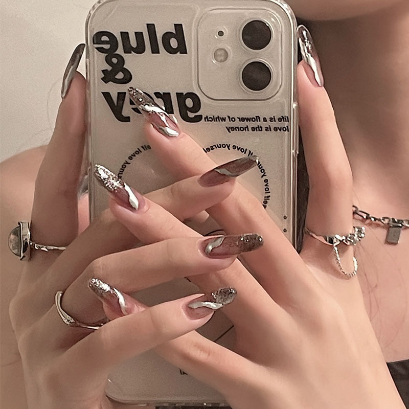 Dark Galaxy Metallic Glitter Wearable Manicure European and American Long French Fake Nail Patch