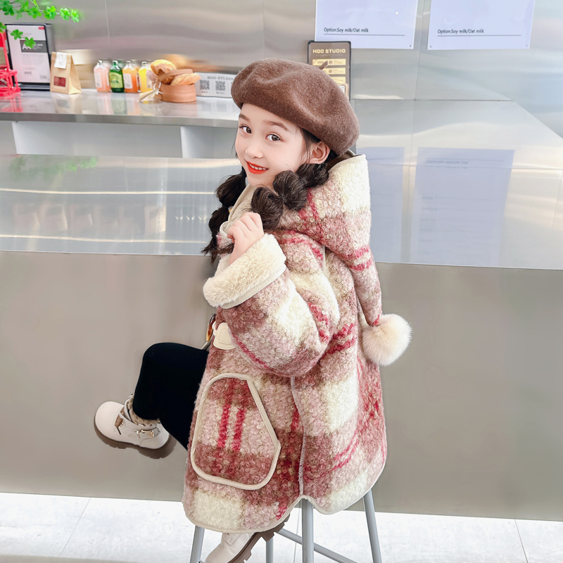 Girls' woolen sweatshirt 2023 autumn winter new children's mid-coat girl winter dress with cap loose Korean version tide-Taobao
