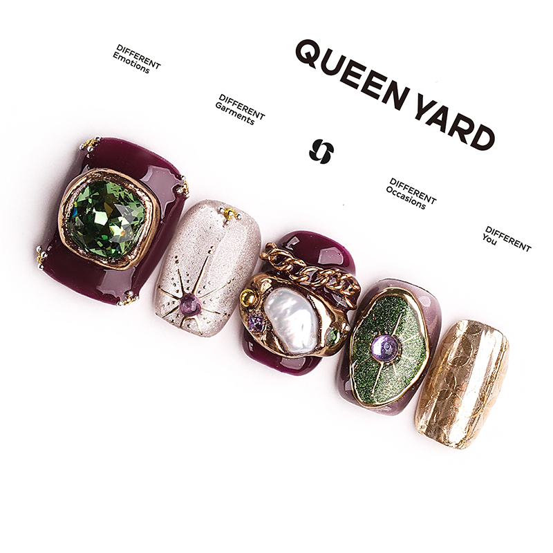【Moon Castle】Queenyard Emerald Inlaid Elegant Cat's Eye Nail Art 2026 High-End Wearable Nails