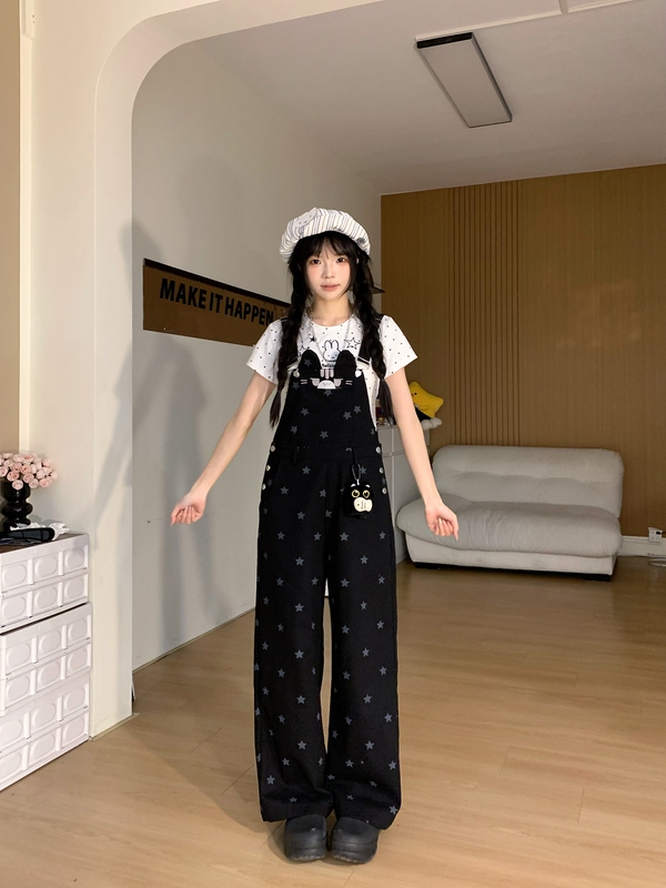 Dreamy Special LAOSHU Vintage Cat Star Print Loose Straight Overalls for Women, Age-Reducing Casual Long Pants