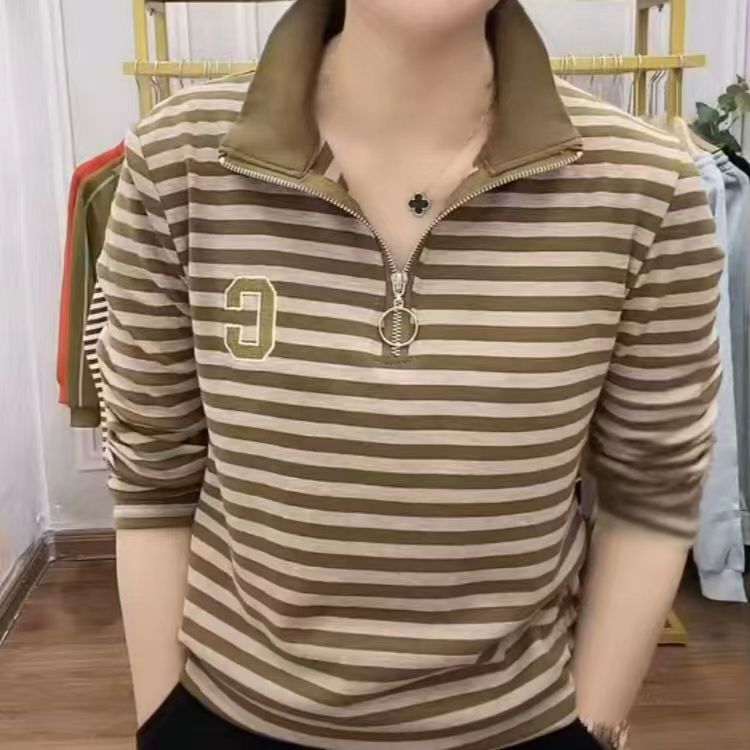 Half-Zip Sweatshirt for Women 2025 New Spring and Autumn Thin Loose Fit Middle-Aged Fashion Women's Clothing Plus Size Striped Pure Cotton Top