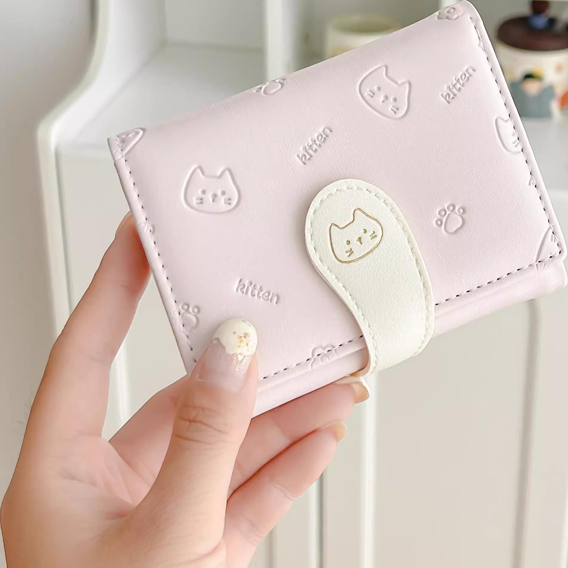 かわいい漫画猫の短い三つ折り財布、女性用、新しいスタイル、小さな新鮮なマルチカードスロット、ニッチな学生用小銭入れ、カードバッグ