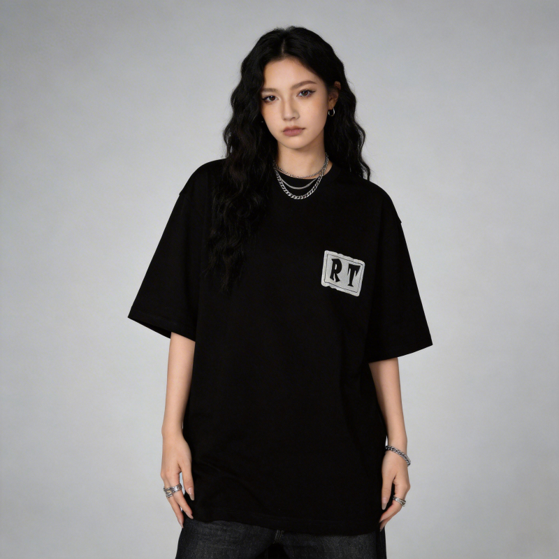 Real True Original Design American Retro Patchwork Embroidered Short-Sleeved T-Shirt for Men and Women with Black Lettering Loose Top