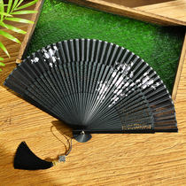 Black Hollowed-out Cherry Blossom Print Ancient Wind Folding Fan China Wind Comeback Ancient Hanfu Qipao Bamboo Stack Dance Walk Show