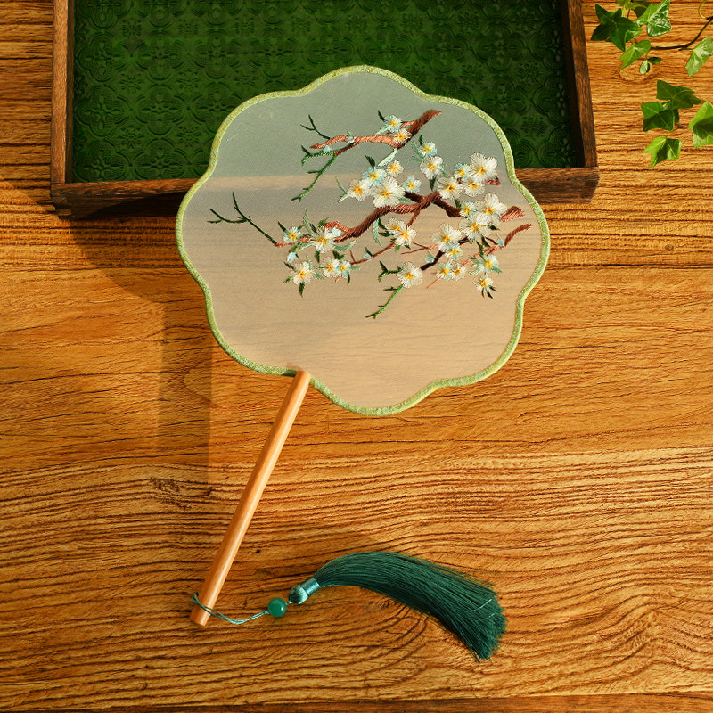 Group fan double-sided embroidery long handle Hanfu simple and elegant wild white plum cheongsam dance fan fresh Chinese style retro