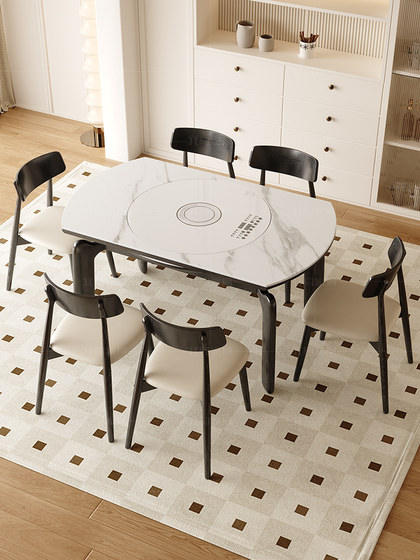 实木餐桌家用可伸缩方圆两用多功能带电磁炉转盘岩板饭桌现代简约