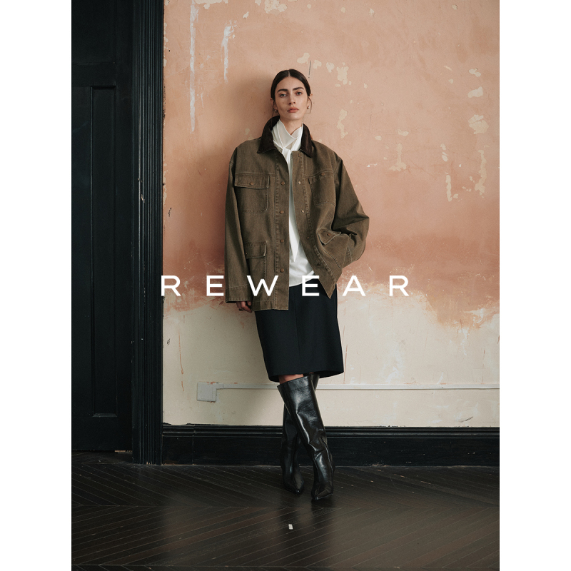 Rewear/Barn Style American Retro Washed Wide Cotton-Feel Boxy Workwear Silhouette Jacket 11192