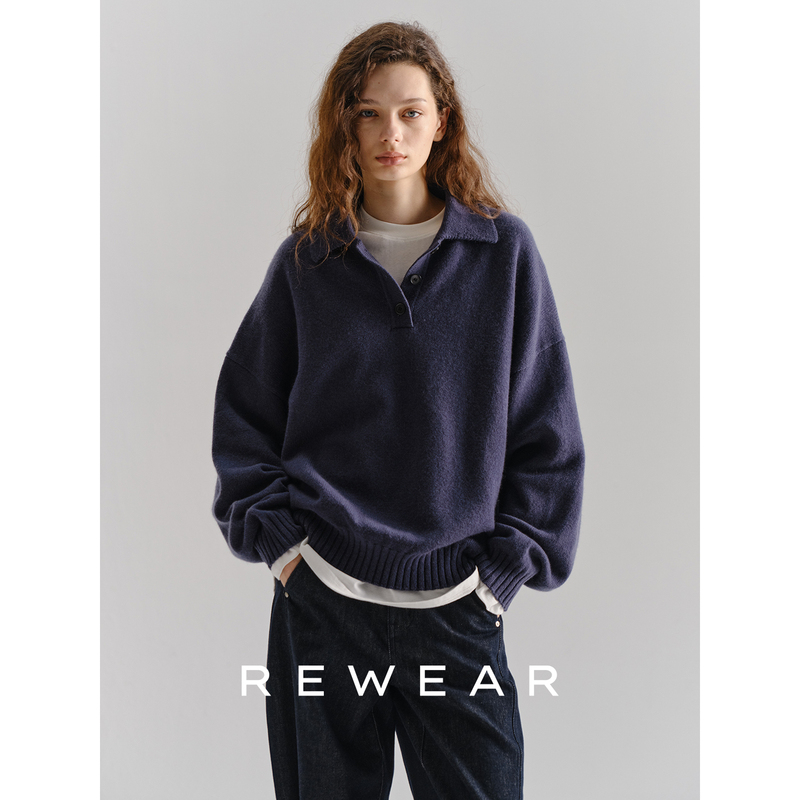 Rewear/Merino Pure Sheep Wool Fluffy and Lightweight Polo Collar Knitwear Old Money Style Sweater 16305 Rewear/Merino Pure Sheep Wool Fluffy and Lightweight Polo Collar Knitwear Old Money Style Sweater 16305