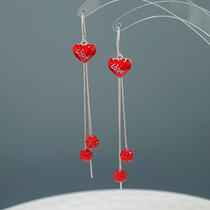 Earrings Temperament Long current Sueared with pure silver female new red line ear anti s925 2022 fox red fashion