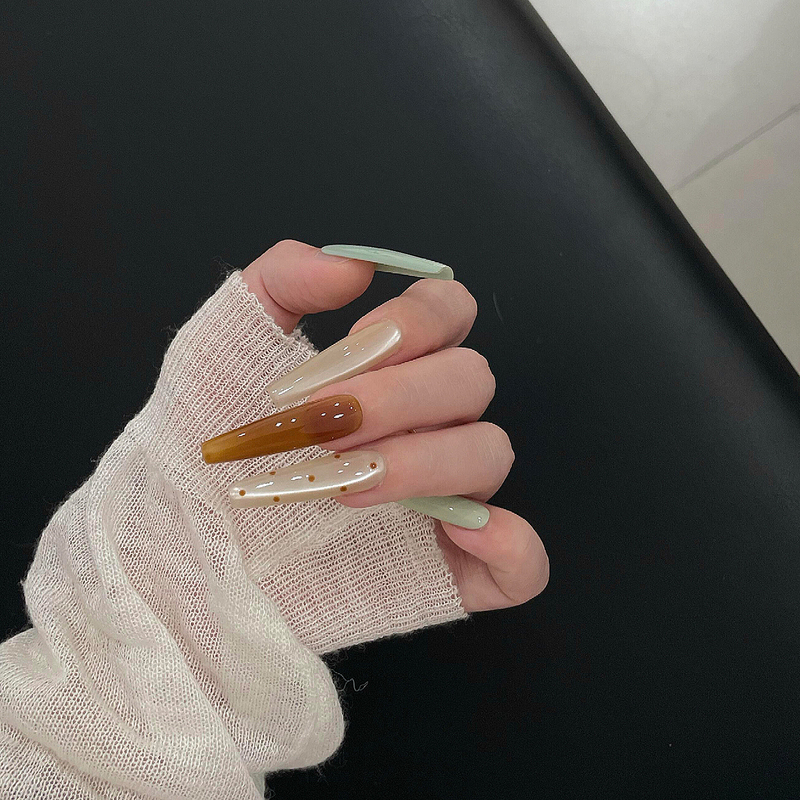 Spring and Summer Simple Cat-Eye Matcha Green Manicure, Pure Handmade Wearable Nails, Ultra-Long Style, Light Luxury and Elegant Fake Nail Patches