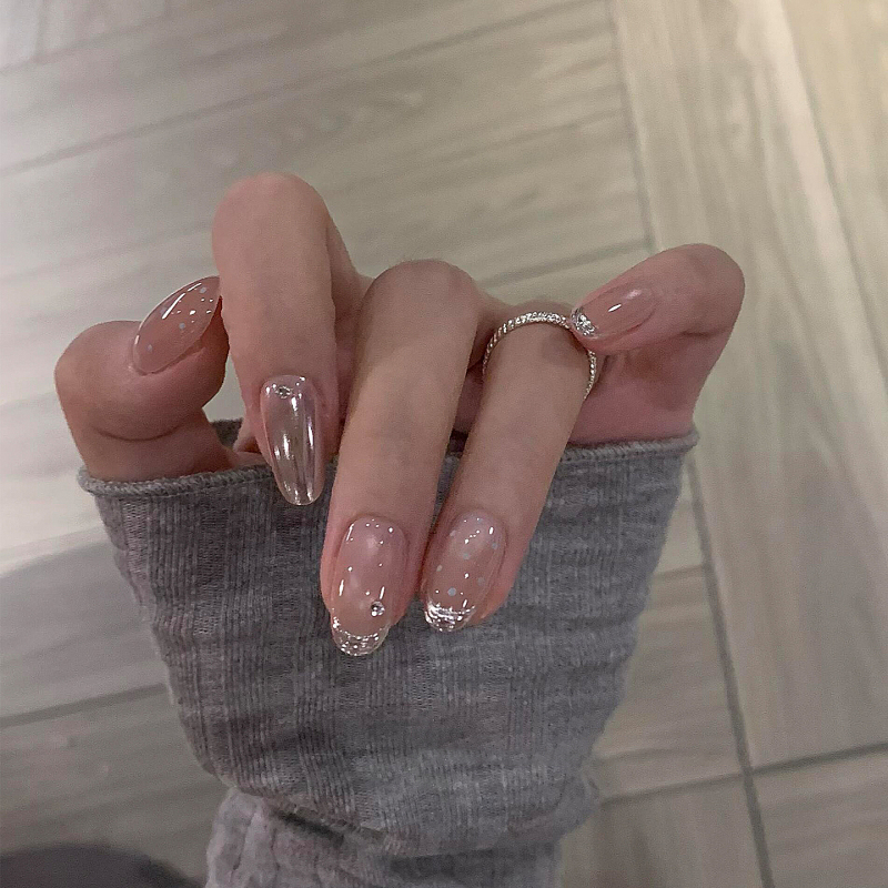 Ice-Clear, Gentle, and Transparent Nude Color Handmade Wearable Nails with Magic Mirror Powder, French Polka Dot Style, Elegant Fake Nails, Nail Art Patches Ice-Clear, Gentle, and Transparent Nude Color Handmade Wearable Nails with Magic Mirror Powder, French Polka Dot Style, Elegant Fake Nails, Nail Art Patches