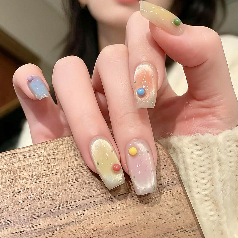 Clear and Refreshing Summer Japanese Style Colorful Jelly Beans Handmade Wearable Nails High-End Niche Finished Product Detachable Nail Pieces