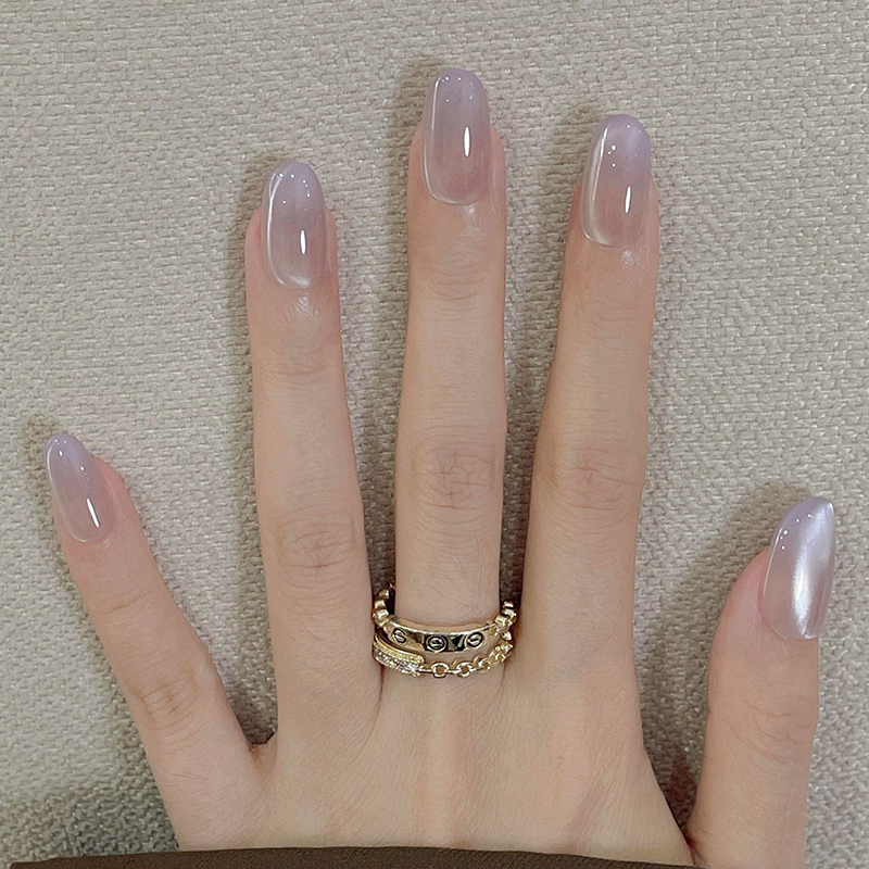 Ice-Clear Lavender Cat-Eye Gentle Atmosphere Manicure Normcore Style Short Oval Handmade Wearable Nail Patch