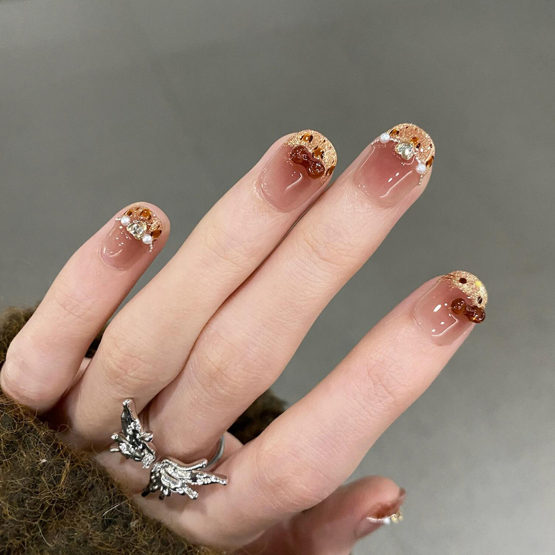 Autumn and Winter Maillard Gold Glitter Cat-Eye Leopard Print Kt Cat Handmade Wearable Nails Cute Cartoon Nail Art Finished Nail Stickers