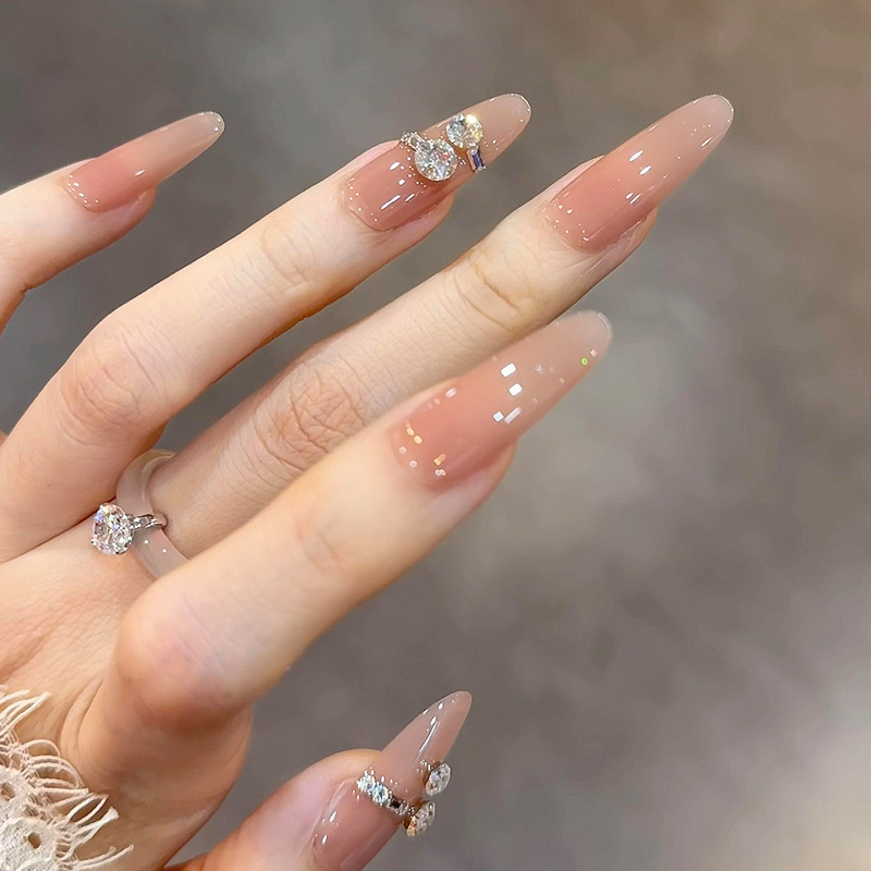 Nude Diamond Ring Style High-End Luxury Nail Art, Pure Handmade Wearable Nails, Sparkling Diamond Fake Nail Tips, Brightening Effect Finished Nails