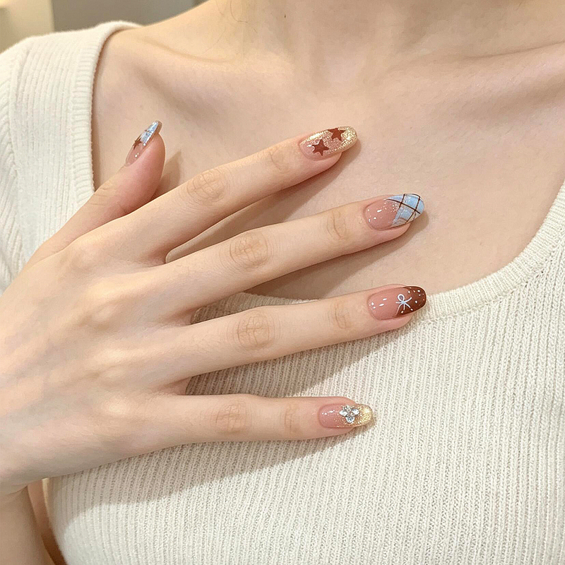 Exquisite Niche Transparent Diamond Gold Cat Eye Gradient Handmade Wearable Nails with Blue Plaid Stars, Detachable Nail Art Exquisite Niche Transparent Diamond Gold Cat Eye Gradient Handmade Wearable Nails with Blue Plaid Stars, Detachable Nail Art