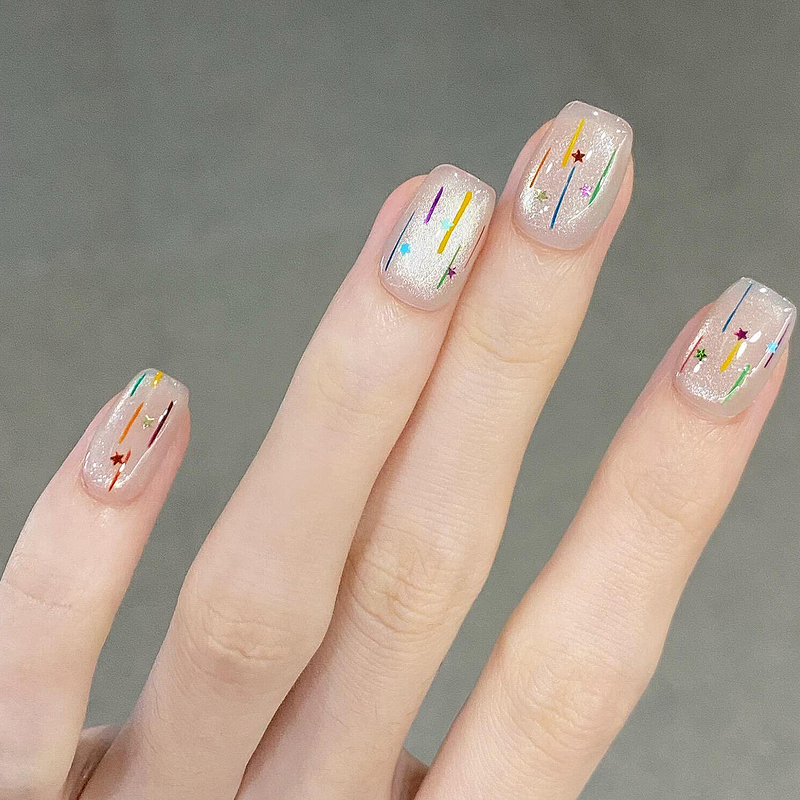 Colorful Line Star Sequin Glass Bead Cat Eye Handmade Short Style Wearable Nails Nude Color Finished Removable Fake Nail Pieces