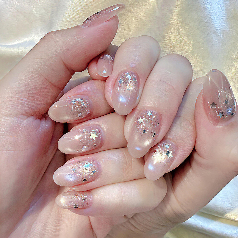 Summer Refreshing Sensation, Sparkling Glass Beads, Gold Cat's Eye, Handmade Wearable Nails, Star Sequins, Short Nails, Brightening and Gentle Nails