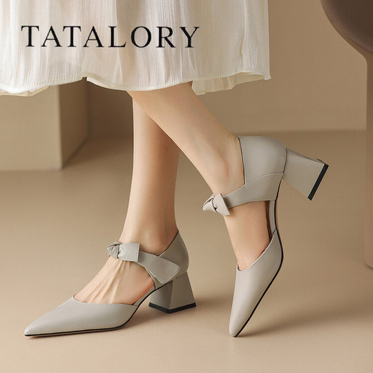 TATALORY versatile handmade one-length belt bow bag sandals for women thick heel pointed toe bag hollow single shoes for women