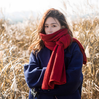 High-Quality Scarf for Women, Autumn and Winter, Red, Korean Style, Versatile Knitted Wool Shawl, Warm, Trendy, Japanese Style, Solid Color Neck Warmer