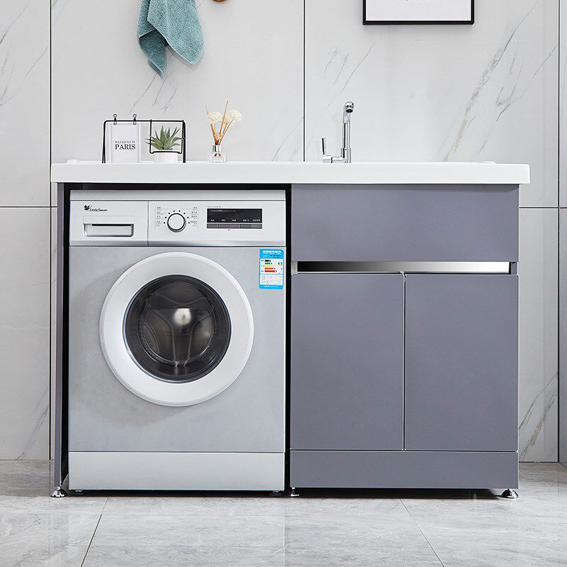 Combination Quartz Stone Integrated Basin Custom Sink Cut Angle Bathroom with Washboard Stainless Steel Balcony Washing Machine Cabinet