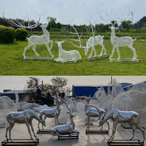 Stainless steel deer sculpture mirror geometric hollow luminous mother and child deer combination custom garden landscape sales office ornaments