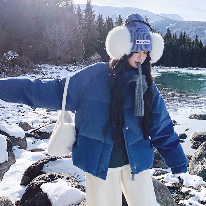 Klein Blue Corduroy down Jacket for Women, Winter 2026 New Popular Thickened Warm Petite Cotton-Padded Coat