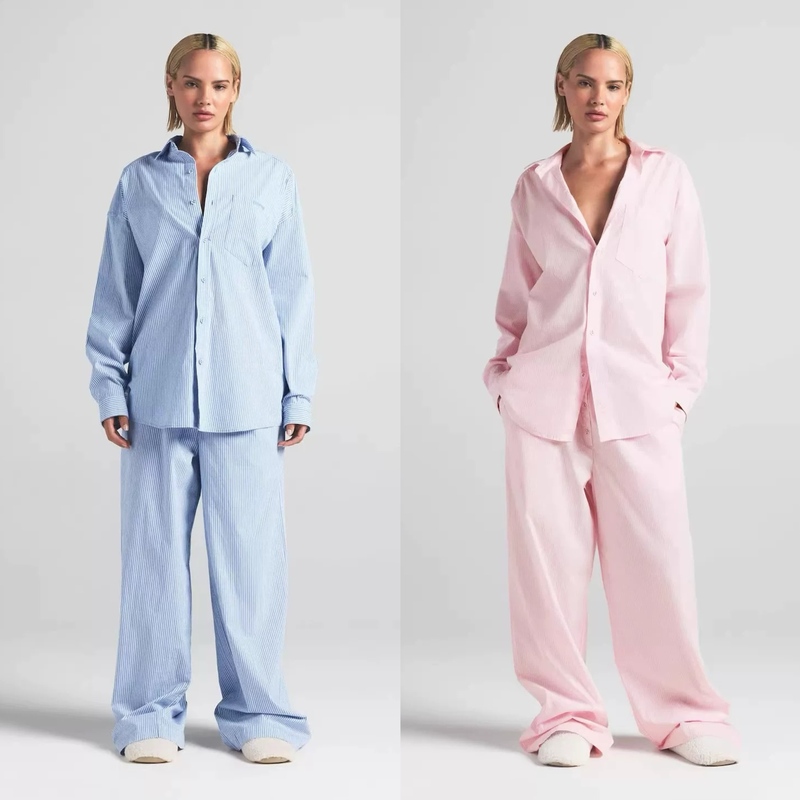 Kardashian Skims Shirt Long-Sleeve Striped Wide-Leg Pants Sleepwear Women's Loose Casual Pants Long Pants Fashion Set
