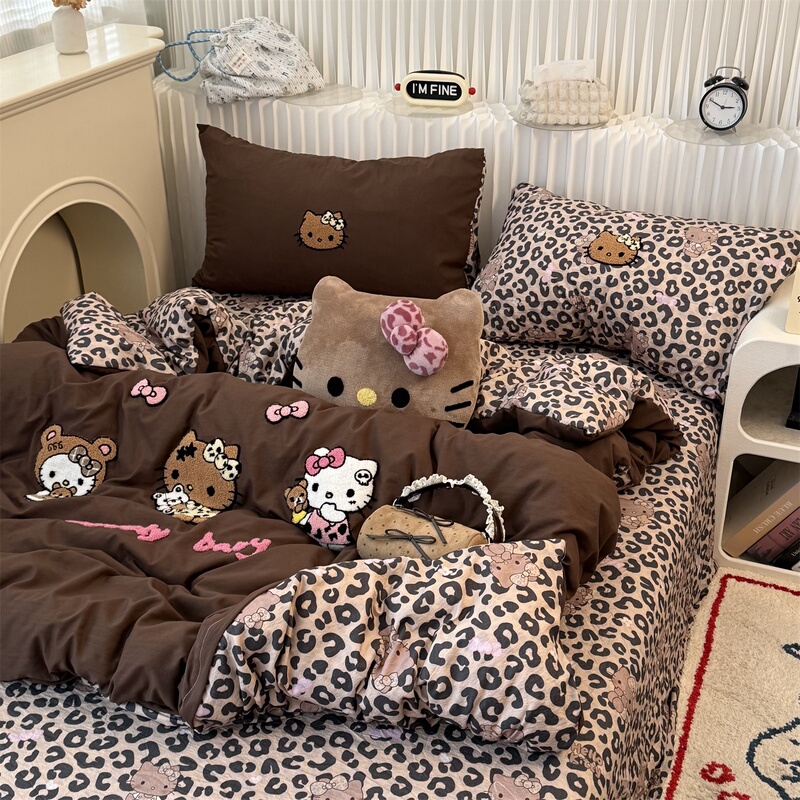 Girly Keli Lu ins Cute Leopard Print Black Leather Cat Towel Embroidery Washed Cotton Four-Piece Bedding Set Three-Piece Set 1.8 Girly Keli Lu ins Cute Leopard Print Black Leather Cat Towel Embroidery Washed Cotton Four-Piece Bedding Set Three-Piece Set 1.8