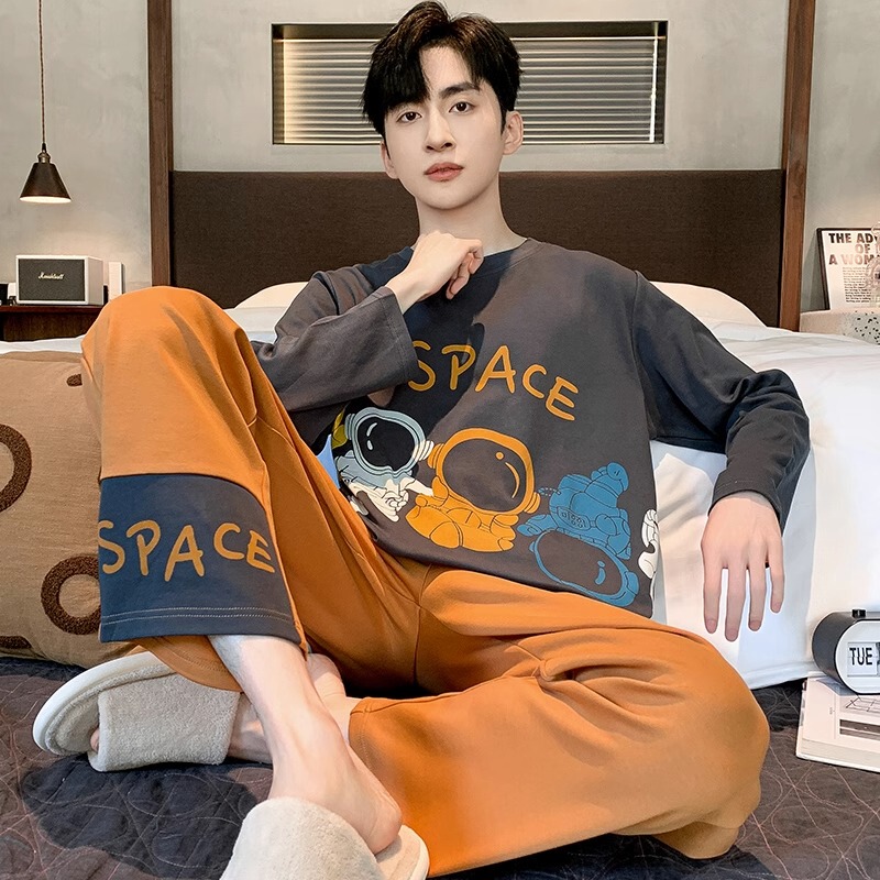 This Year's Trendy and Popular Pure Cotton Pajamas for Summer Are Men's Long-Sleeved Large-Size High-End Home Wear for Teenagers and Older Boys