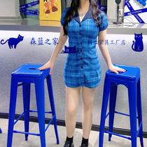 Klein Blue Bar Chair Mesh Red High Footstool Bar Stool Cafe Square Chair Bar Bench High Foot Square Bench Iron Art Bar Chair