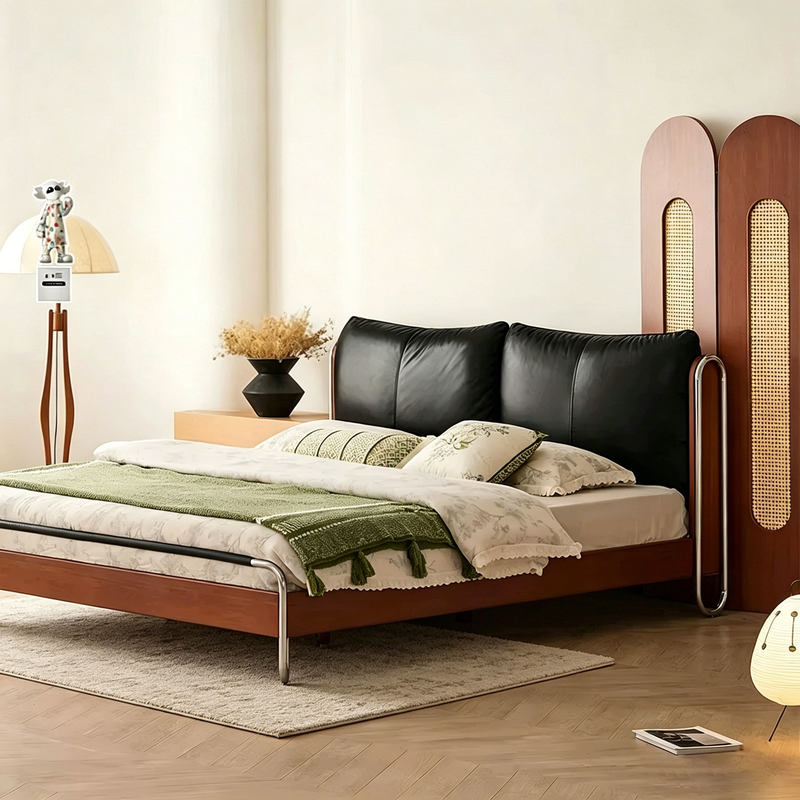 Medieval-Style High-End 1.95m Leather Bed Double Bed Frame Structure Modern Minimalist Furniture Silent Bed Base