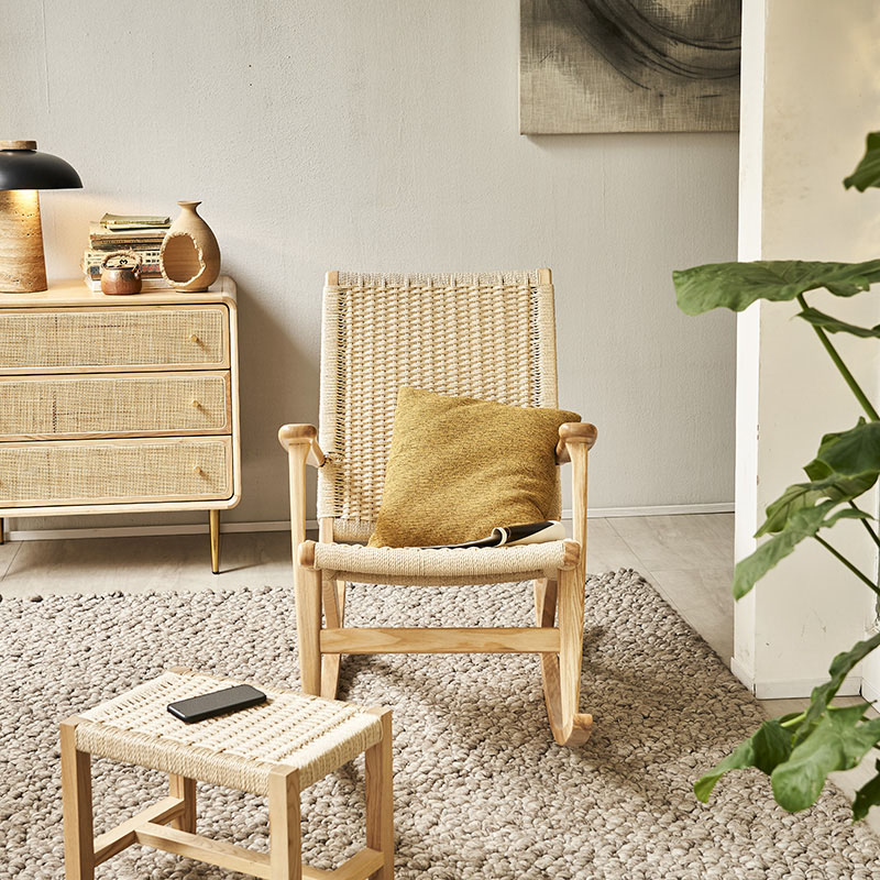 Nordic Solid Wood Rattan Choreography Rocking Chair Hemp Rope Woven Rattan Chair Home Balcony Casual Outdoor Adult Single Deck Chair