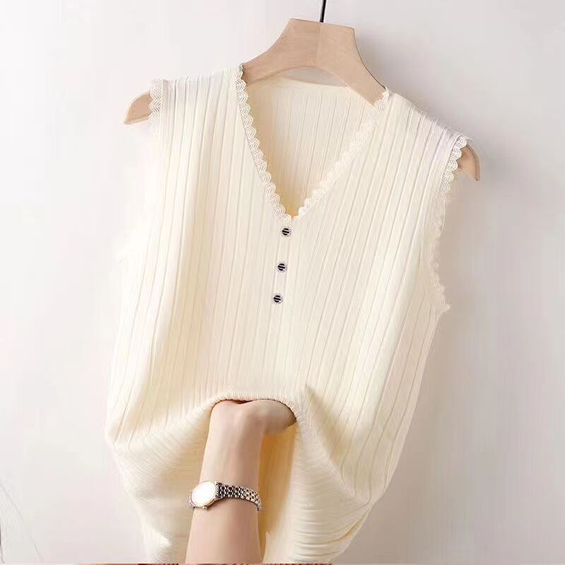 Summer Loose Knitted Sleeveless Camisole for Women with Lace Trim, Large Size, Loose Fit, Suitable for Outerwear or as an Inner Layer