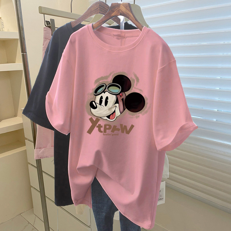 Pair It with Shark Pants, Pure Cotton Short-Sleeved T-Shirt for Women, Mid-Length, Loose, Casual, Plus-Size Top, Pink Base Shirt for Summer