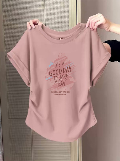 小飞袖褶皱正肩纯棉短袖t恤女2025新款时尚洋气收腰显瘦上衣夏季