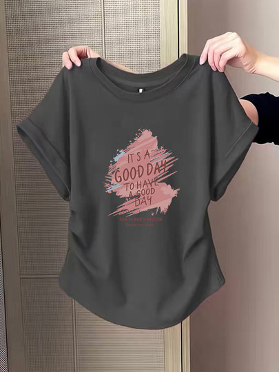 小飞袖褶皱正肩纯棉短袖t恤女2025新款时尚洋气收腰显瘦上衣夏季