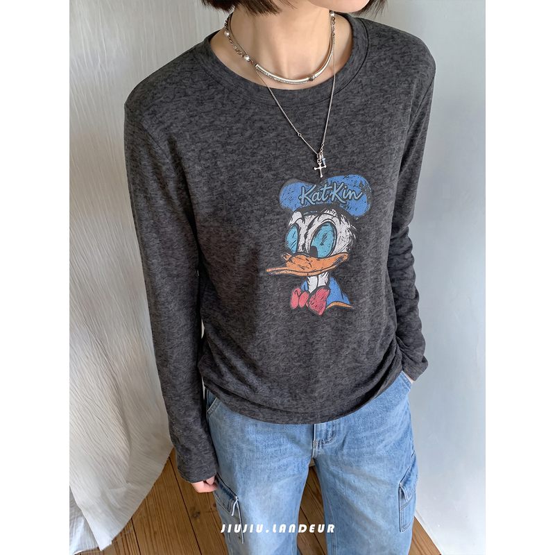 [Mumantinglan] Retro Cartoon Print Round Neck Casual Loose Long-Sleeved T-Shirt for Women