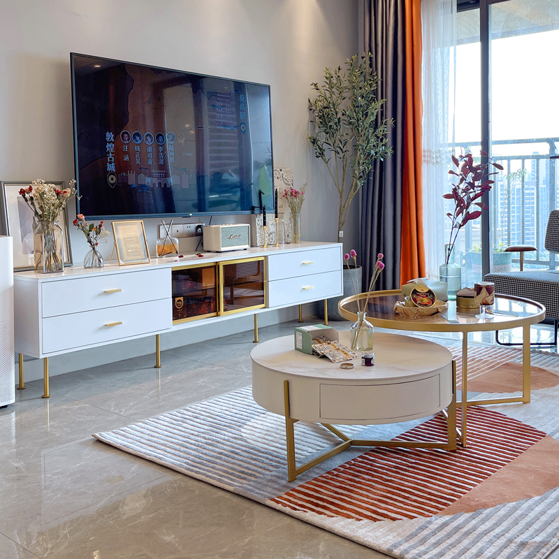 Nordic light luxury slate TV cabinet coffee table combination simple tempered glass post-modern small living room floor cabinet