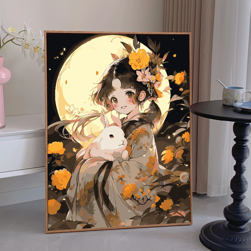 Mid-Autumn Festival State Tide Digital Oil Painting Diy Padding Fill Color Hand Painted Jade Rabbit osmanthus Scenic Oil Color Painting Decoration Painting-Taobao