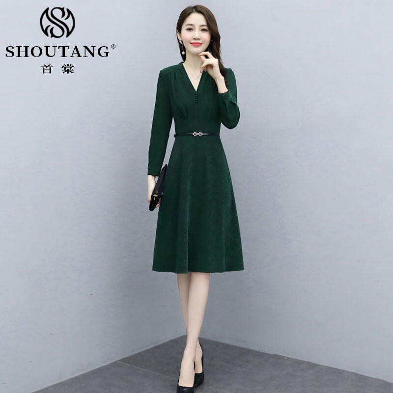 Shoutang long-sleeved dress 2022 new spring and autumn women's spring and autumn waist slim slimming high-end temperament French skirt