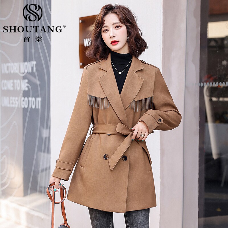 Shoutang windbreaker women's 2022 new fashion temperament spring and autumn clothing British style suit collar waist ladies jacket