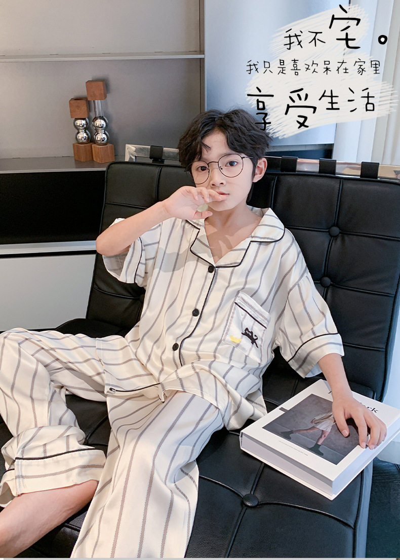 全棉纯棉冰丝睡衣男孩夏季短袖三件套中大童空调服2026新款家居服 — 8