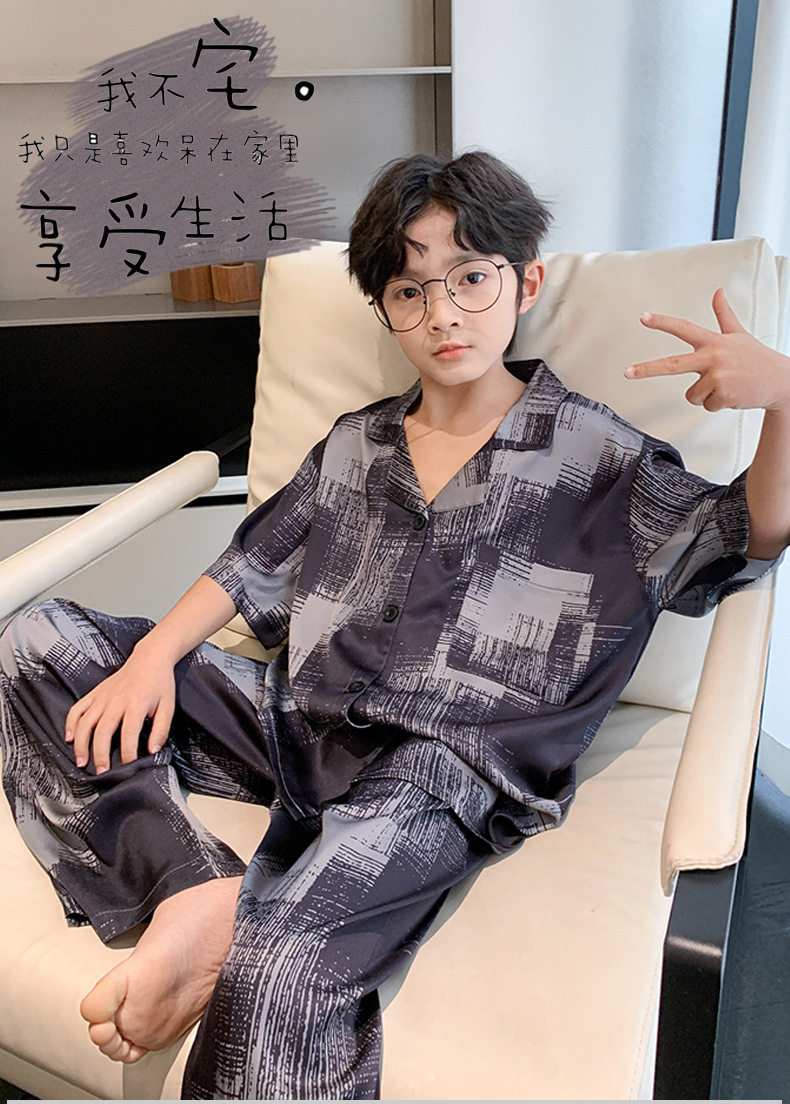 全棉纯棉冰丝睡衣男孩夏季短袖三件套中大童空调服2026新款家居服 — 32