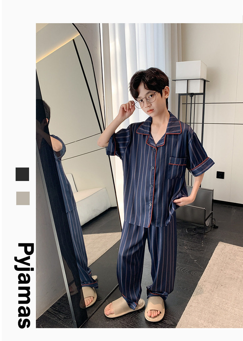 全棉纯棉冰丝睡衣男孩夏季短袖三件套中大童空调服2026新款家居服 — 39