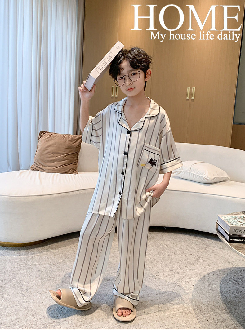 全棉纯棉冰丝睡衣男孩夏季短袖三件套中大童空调服2026新款家居服 — 7
