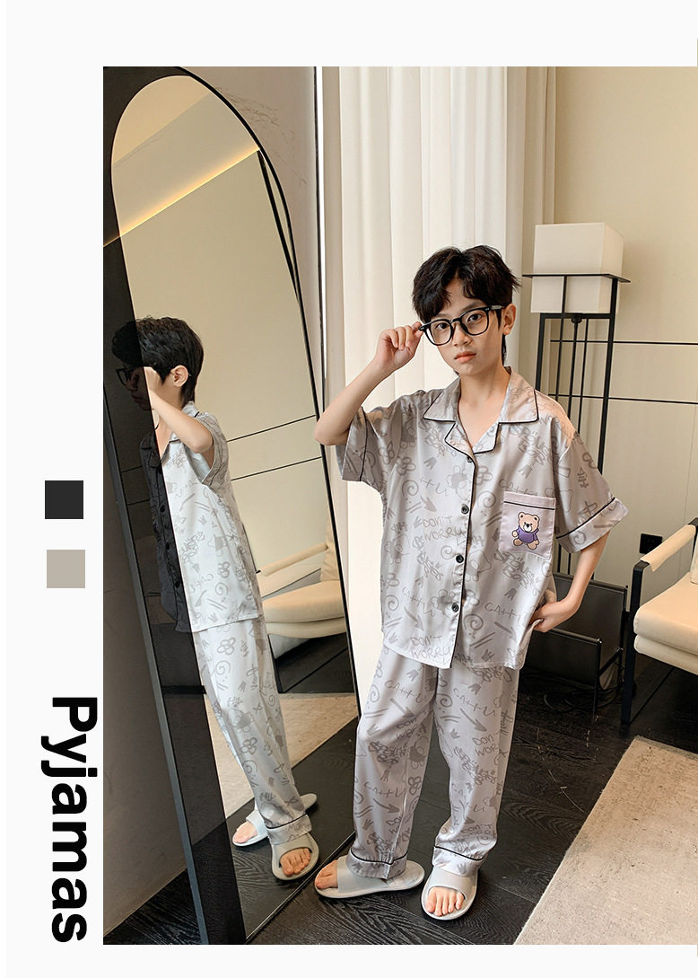 全棉纯棉冰丝睡衣男孩夏季短袖三件套中大童空调服2026新款家居服 — 23
