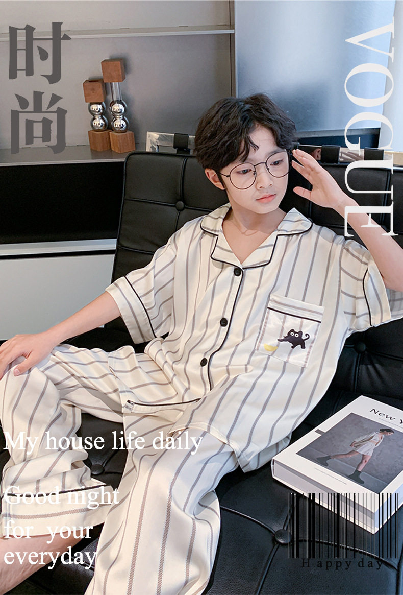 全棉纯棉冰丝睡衣男孩夏季短袖三件套中大童空调服2026新款家居服 — 11