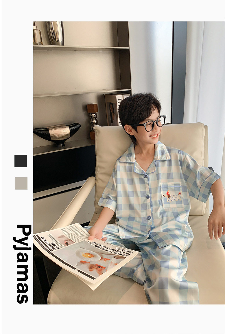 全棉纯棉冰丝睡衣男孩夏季短袖三件套中大童空调服2026新款家居服 — 30